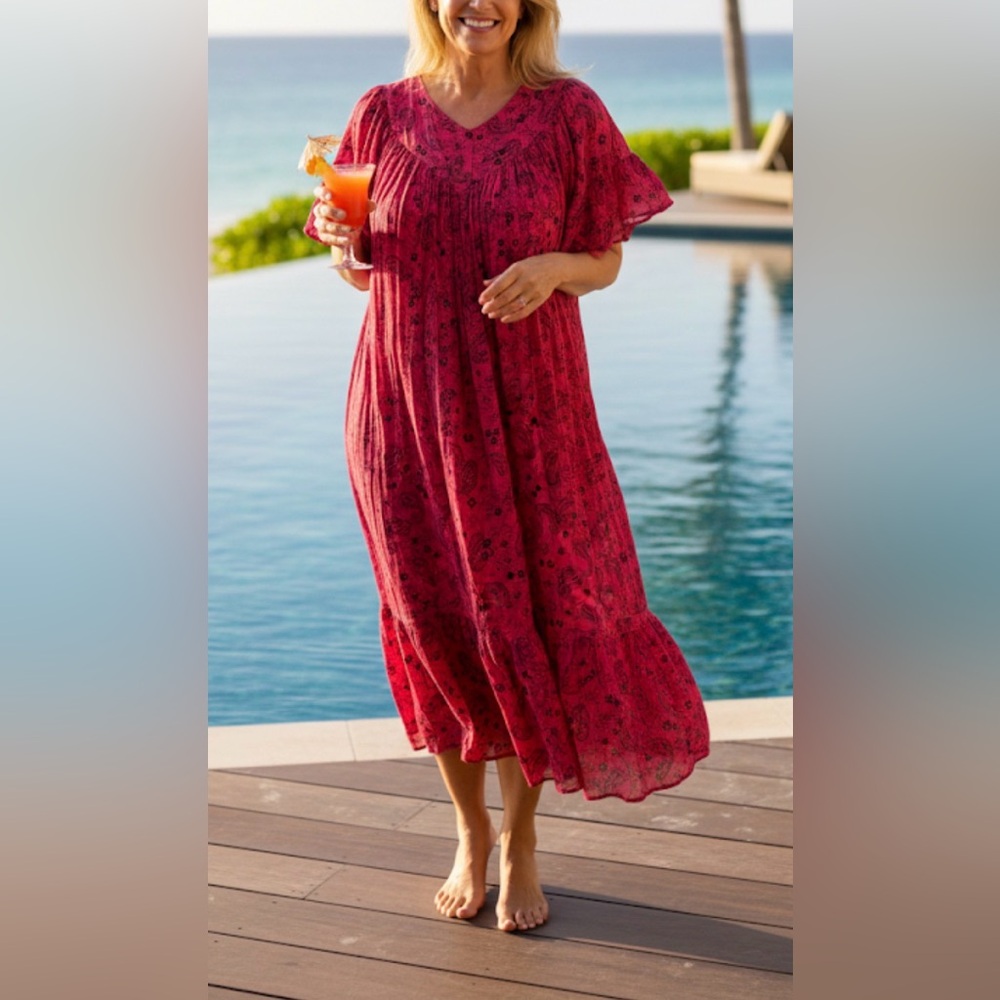 Go softly Patio Rayon Ruffle dresses woman Sz Mediun Beachy Boho Cruise Summer